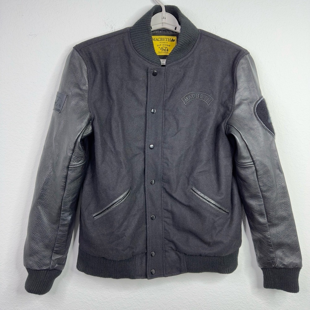 Macbeth Jacket‎ Mens L Black Wool Leather Varsity Y2K Bomber Skater Streetwear